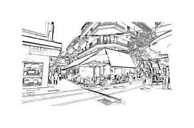 Print Building view with landmark of Kavala, Yunanistan 'ın kuzeyinde bir şehirdir. Vektörde elle çizilmiş çizim çizimi.