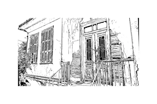 印刷カバラのランドマークとビルの景色はギリシャ北部の都市です 手描きのスケッチ図ベクトル — ストックベクタ