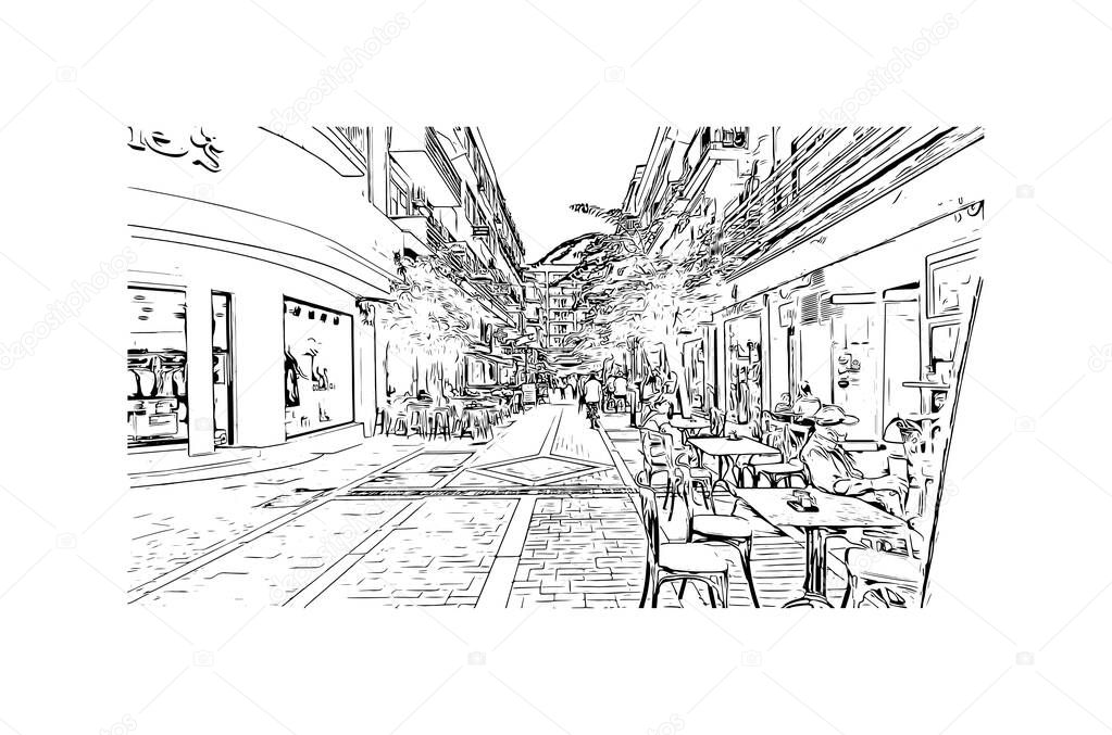 Print Building view with landmark of Kavala is a city in northern Greece. Hand drawn sketch illustration in vector.