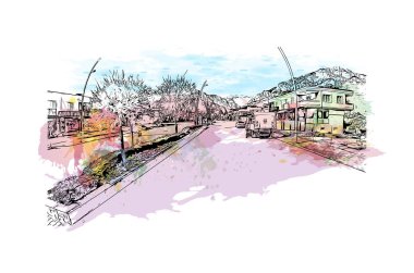 Kemer 'in tarihi yapısına sahip Print Building view Türkiye' de bir sahil beldesidir. Vektörde elle çizilmiş resim ile suluboya sıçraması.