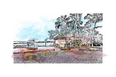 Key Largo 'nun simgesi olan Print Building View, Florida' daki nüfus sayım merkezidir. Vektörde elle çizilmiş resim ile suluboya sıçraması.