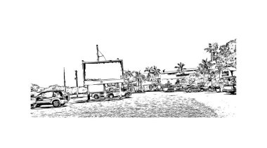 Key Largo 'nun simgesi olan Print Building View, Florida' daki nüfus sayım merkezidir. Vektörde elle çizilmiş çizim çizimi.