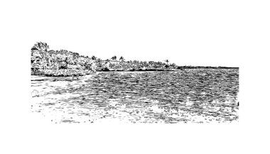 Key Largo 'nun simgesi olan Print Building View, Florida' daki nüfus sayım merkezidir. Vektörde elle çizilmiş çizim çizimi.