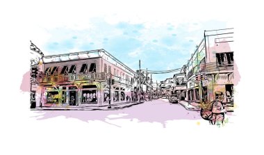 Key West 'in simgesi olan Print Building View Florida' da bulunmaktadır. Vektörde elle çizilmiş resim ile suluboya sıçraması.