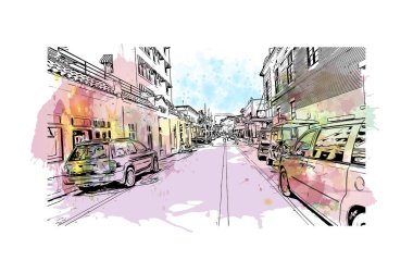 Key West 'in simgesi olan Print Building View Florida' da bulunmaktadır. Vektörde elle çizilmiş resim ile suluboya sıçraması.