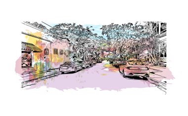 Key West 'in simgesi olan Print Building View Florida' da bulunmaktadır. Vektörde elle çizilmiş resim ile suluboya sıçraması.