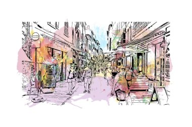 Print Building view with landmark of La Ciotat, Fransa 'da bir şehirdir. Vektörde elle çizilmiş resim ile suluboya sıçraması.