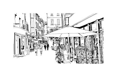 Print Building view with landmark of La Ciotat, Fransa 'da bir şehirdir. Vektörde elle çizilmiş çizim çizimi.