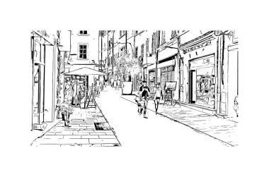 Print Building view with landmark of La Ciotat, Fransa 'da bir şehirdir. Vektörde elle çizilmiş çizim çizimi.