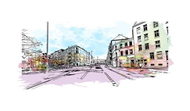 Print Building view with landmark of Kiel is a port city in Germany. Vektörde elle çizilmiş resim ile suluboya sıçraması.