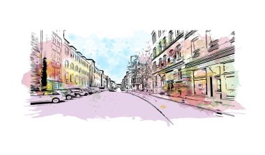 Print Building view with landmark of Kiel is a port city in Germany. Vektörde elle çizilmiş resim ile suluboya sıçraması.