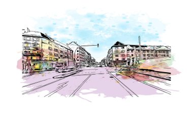 Print Building view with landmark of Kiel is a port city in Germany. Vektörde elle çizilmiş resim ile suluboya sıçraması.