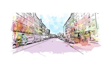 Print Building view with landmark of Kiel is a port city in Germany. Vektörde elle çizilmiş resim ile suluboya sıçraması.