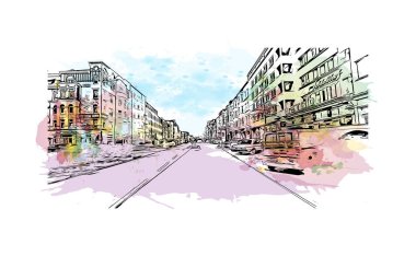 Print Building view with landmark of Kiel is a port city in Germany. Vektörde elle çizilmiş resim ile suluboya sıçraması.