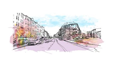 Print Building view with landmark of Kiel is a port city in Germany. Vektörde elle çizilmiş resim ile suluboya sıçraması.