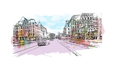 Print Building view with landmark of Kiel is a port city in Germany. Vektörde elle çizilmiş resim ile suluboya sıçraması.