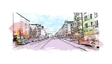 Print Building view with landmark of Kiel is a port city in Germany. Vektörde elle çizilmiş resim ile suluboya sıçraması.