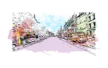 Print Building view with landmark of Kiel is a port city in Germany. Vektörde elle çizilmiş resim ile suluboya sıçraması.