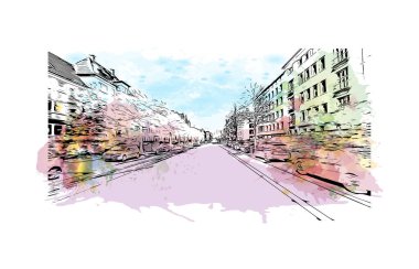 Print Building view with landmark of Kiel is a port city in Germany. Vektörde elle çizilmiş resim ile suluboya sıçraması.