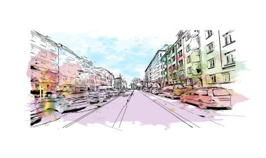 Print Building view with landmark of Kiel is a port city in Germany. Vektörde elle çizilmiş resim ile suluboya sıçraması.