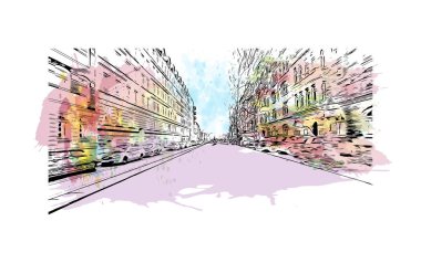 Print Building view with landmark of Kiel is a port city in Germany. Vektörde elle çizilmiş resim ile suluboya sıçraması.