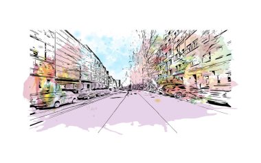 Print Building view with landmark of Kiel is a port city in Germany. Vektörde elle çizilmiş resim ile suluboya sıçraması.