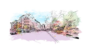 Print Building view with landmark of Kiel is a port city in Germany. Vektörde elle çizilmiş resim ile suluboya sıçraması.