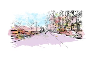 Print Building view with landmark of Kiel is a port city in Germany. Vektörde elle çizilmiş resim ile suluboya sıçraması.