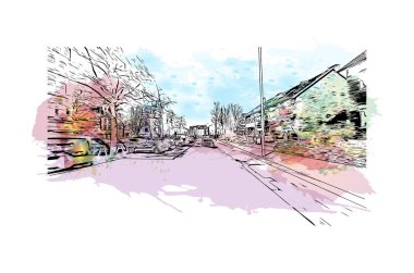 Print Building view with landmark of Kiel is a port city in Germany. Vektörde elle çizilmiş resim ile suluboya sıçraması.