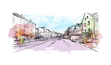 Print Building view with landmark of Kiel is a port city in Germany. Vektörde elle çizilmiş resim ile suluboya sıçraması.