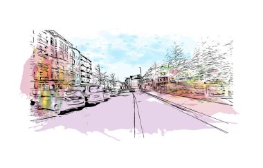 Print Building view with landmark of Kiel is a port city in Germany. Vektörde elle çizilmiş resim ile suluboya sıçraması.