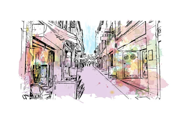 Print Building view with landmark of La Ciotat, Fransa 'da bir şehirdir. Vektörde elle çizilmiş resim ile suluboya sıçraması.