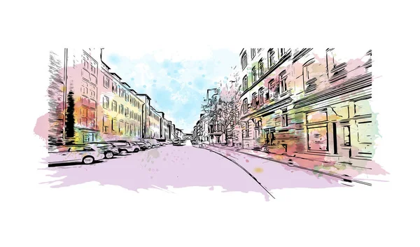 Print Building view with landmark of Kiel is a port city in Germany. Vektörde elle çizilmiş resim ile suluboya sıçraması.