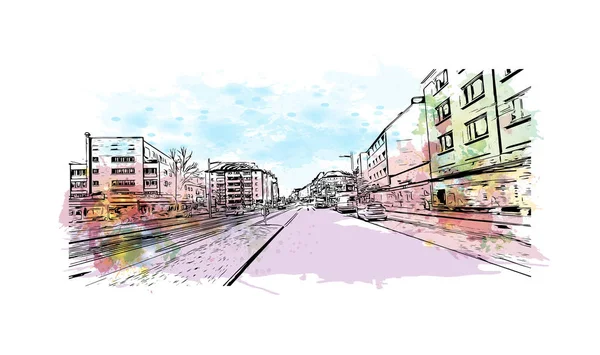 Print Building view with landmark of Kiel is a port city in Germany. Vektörde elle çizilmiş resim ile suluboya sıçraması.