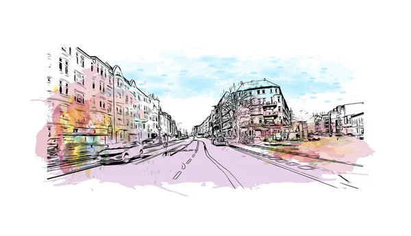 Print Building view with landmark of Kiel is a port city in Germany. Vektörde elle çizilmiş resim ile suluboya sıçraması.