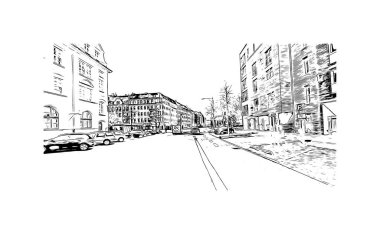 Print Building view with landmark of Kiel is a port city in Germany. Vektörde elle çizilmiş çizim çizimi.