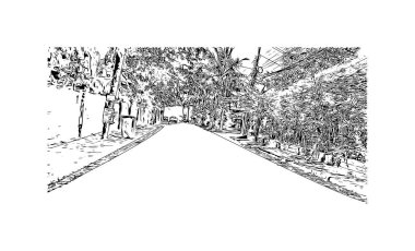 Print Building view with landmark of Khao Lak, Tayland 'da bir dizi köydür. Vektörde elle çizilmiş çizim çizimi.