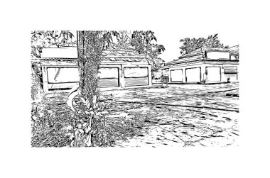 Print Building view with landmark of Khao Lak, Tayland 'da bir dizi köydür. Vektörde elle çizilmiş çizim çizimi.