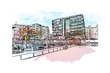 Hamburg 'un simgesi olan Print Building Manzarası Almanya' daki bir şehirdir. Vektörde elle çizilmiş çizim çizimi.