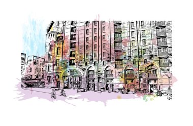 Hamburg 'un simgesi olan Print Building Manzarası Almanya' daki bir şehirdir. Vektörde elle çizilmiş çizim çizimi.