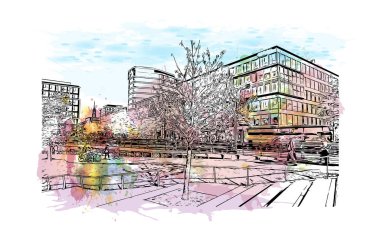 Hamburg 'un simgesi olan Print Building Manzarası Almanya' daki bir şehirdir. Vektörde elle çizilmiş resim ile suluboya sıçraması.