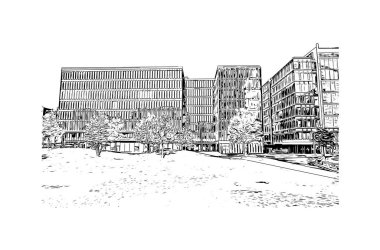 Hamburg 'un simgesi olan Print Building Manzarası Almanya' daki bir şehirdir. Vektörde elle çizilmiş çizim çizimi.