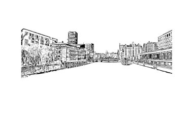 Hamburg 'un simgesi olan Print Building Manzarası Almanya' daki bir şehirdir. Vektörde elle çizilmiş çizim çizimi.