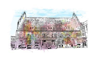 Almanya 'nın başkenti Hanover' in simgesi olan Print Building View 'dir. Vektörde elle çizilmiş resim ile suluboya sıçraması.