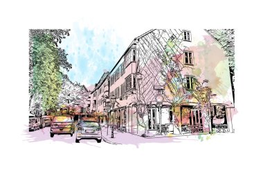 Almanya 'nın başkenti Hanover' in simgesi olan Print Building View 'dir. Vektörde elle çizilmiş resim ile suluboya sıçraması.