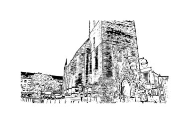 Almanya 'nın başkenti Hanover' in simgesi olan Print Building View 'dir. Vektörde elle çizilmiş çizim çizimi.