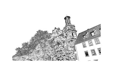 Almanya 'nın başkenti Hanover' in simgesi olan Print Building View 'dir. Vektörde elle çizilmiş çizim çizimi.