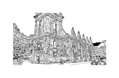 Almanya 'nın başkenti Hanover' in simgesi olan Print Building View 'dir. Vektörde elle çizilmiş çizim çizimi.