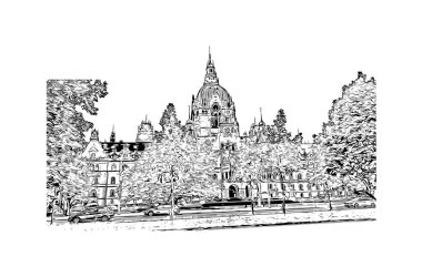 Almanya 'nın başkenti Hanover' in simgesi olan Print Building View 'dir. Vektörde elle çizilmiş çizim çizimi.