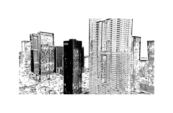 Imprimir Vista Del Edificio Con Hito Hangzhou Ciudad China Dibujo — Vector de stock